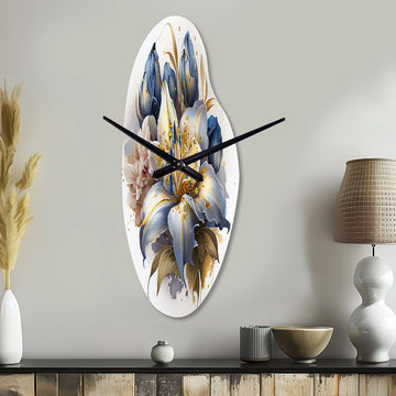 Gold And Blue Lily Bouquet III - Asymmetric Metal Wall Clock